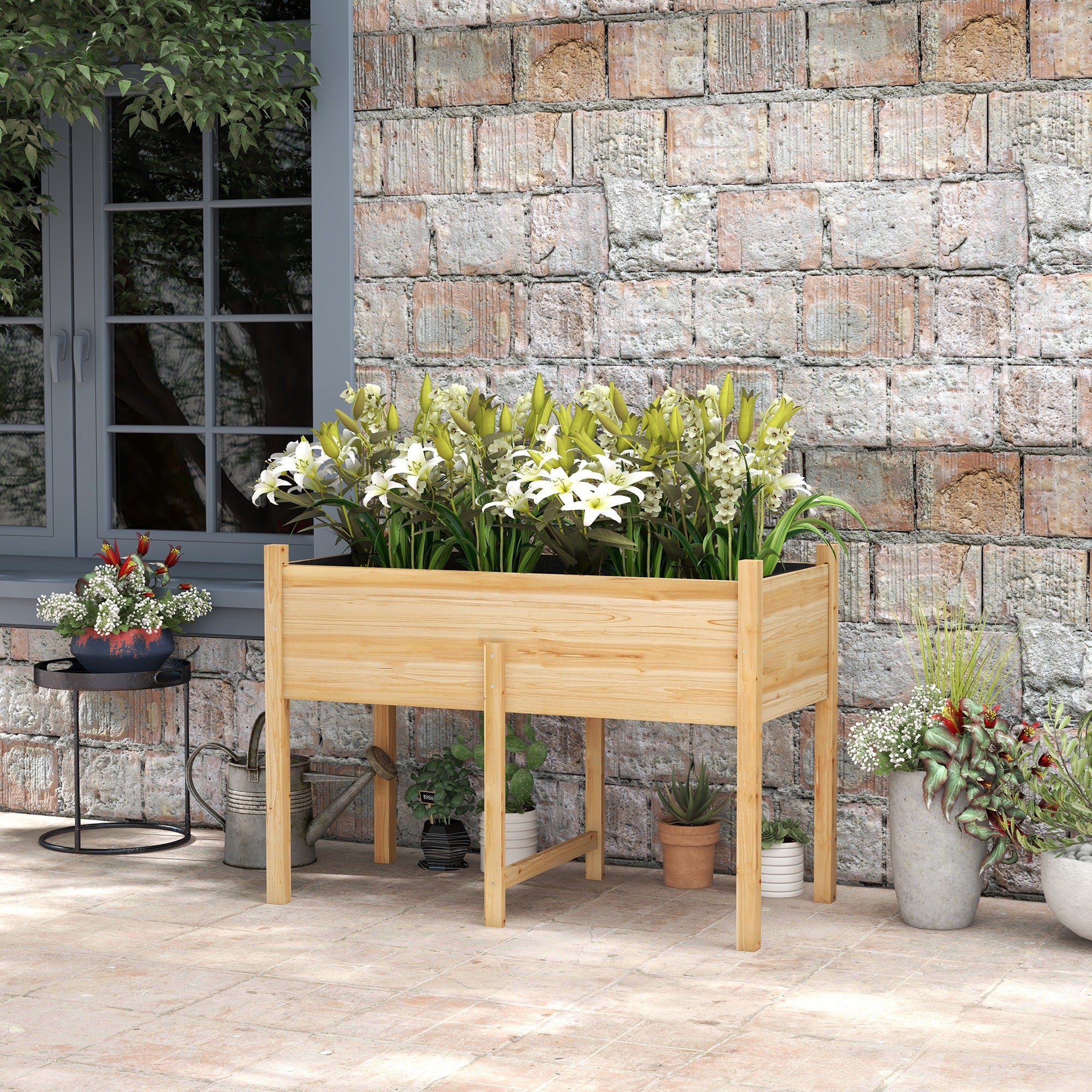 Outsunny Mesa de Cultivo de Madera Huerto Urbano Elevado 115x55x80 cm Jardinera de Cultivo con Tela no Tejida para Cultivo Plantas Flores Verduras Natural - Imagen 2
