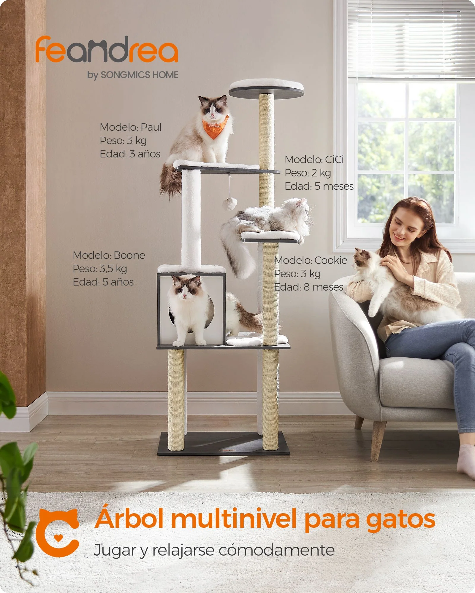 Árbol para Gatos 165 cm Cojines Lavables Gris Niebla-Feandrea - Imagen 2