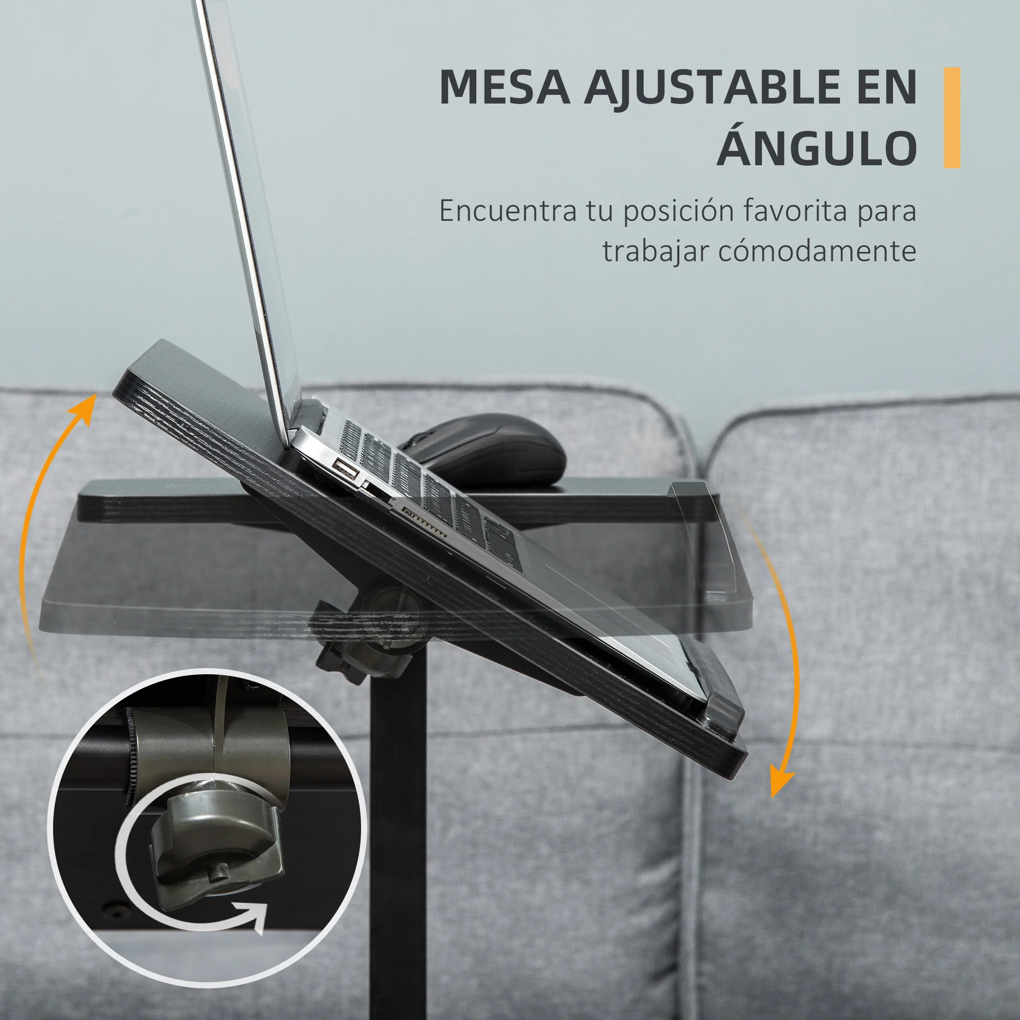HOMCOM Mesa Auxiliar con Ruedas Mesita Lateral para Sofá Cama con Altura y Ángulo de Tablero Ajustable y Frenos para Dormitorio Salón Oficina 58x34x72-90 cm Negro - Imagen 5