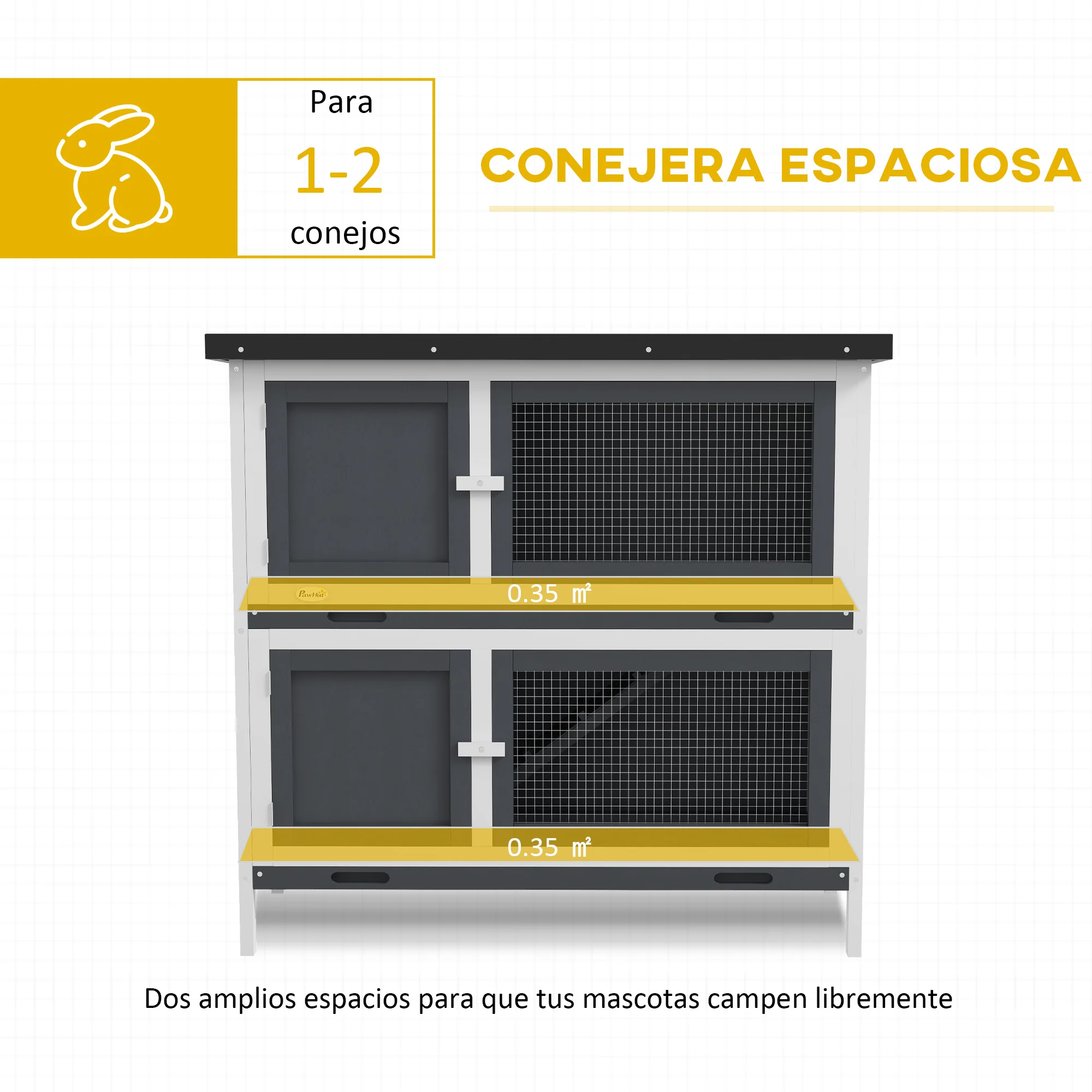 PawHut Conejera de Madera Jaula para Conejos de 2 Pisos 97x44x91 cm con Techo Asfáltico Puertas con Pestillo Bandejas Extraíbles y Rampa para 2 Conejos Gris - Imagen 5