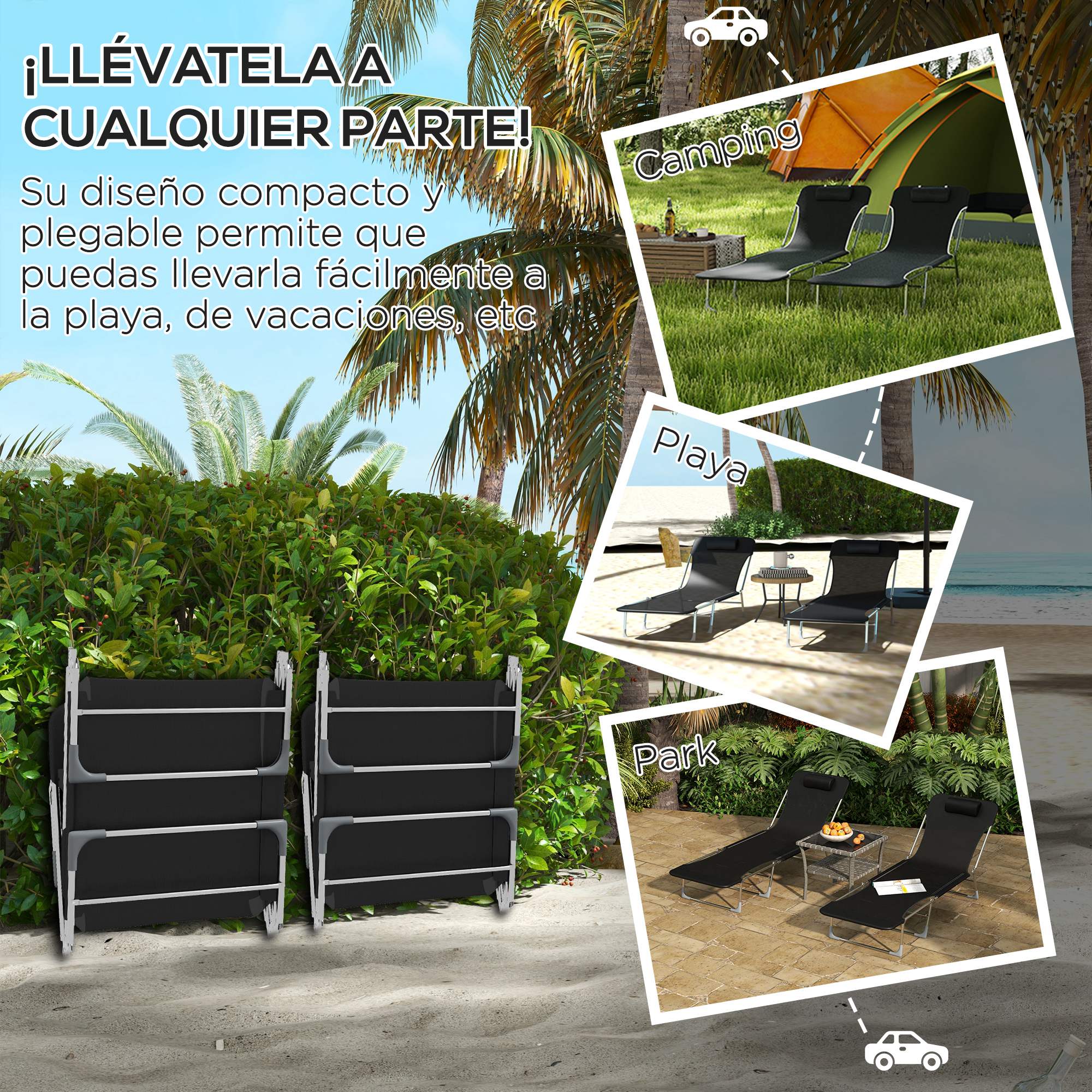 Outsunny Conjunto de 2 Tumbonas Plegables y Reclinables de Jardín con Reposacabezas y Respaldo Ajustable en 5 Niveles Carga 120 kg para Playa Terraza 182x56x24,5 cm Negro - Imagen 5